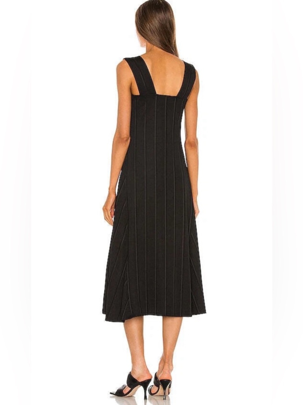 Theory Paneled Black Square-Neck Flare Midi Dress with Wide Straps Sz Large - Picture 2 of 11